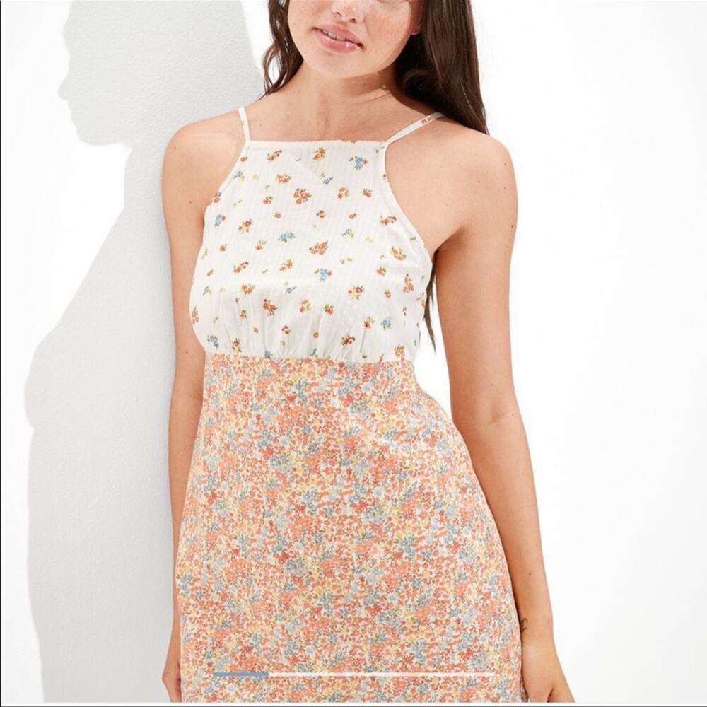 NEW AEO white orange blue linen floral cottagecore sundress midi XL